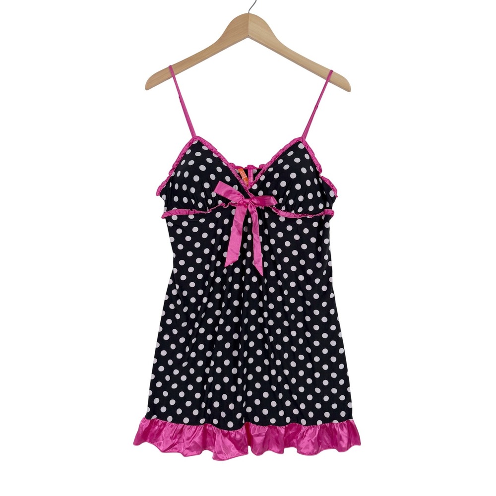 Jenni by Jennifer Moore Chemise XL Black Polka Dot Pink Trim Ruffle Bow Y2K